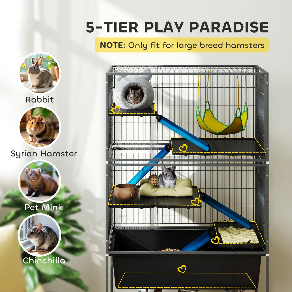 5 Level Rolling Small Animal Cage with Cloth Covered Ramps 16cm Deep Base and 1.2cm Bar Spacing