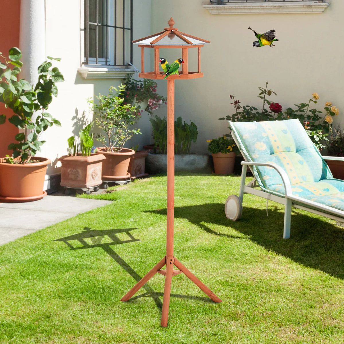 Wooden Bird Table 153cm Feeding Station with Stand Fir Wood Pitched Metal Roof and Tripod Base