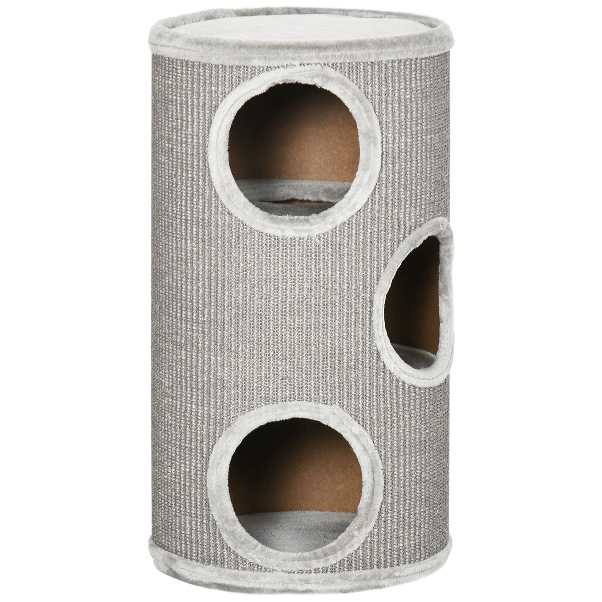 Barrel Cat Tree Tower with Sisal Scratching Mat and Plush Lining, Light Grey