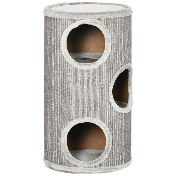 Barrel Cat Tree Tower with Sisal Scratching Mat and Plush Lining, Light Grey