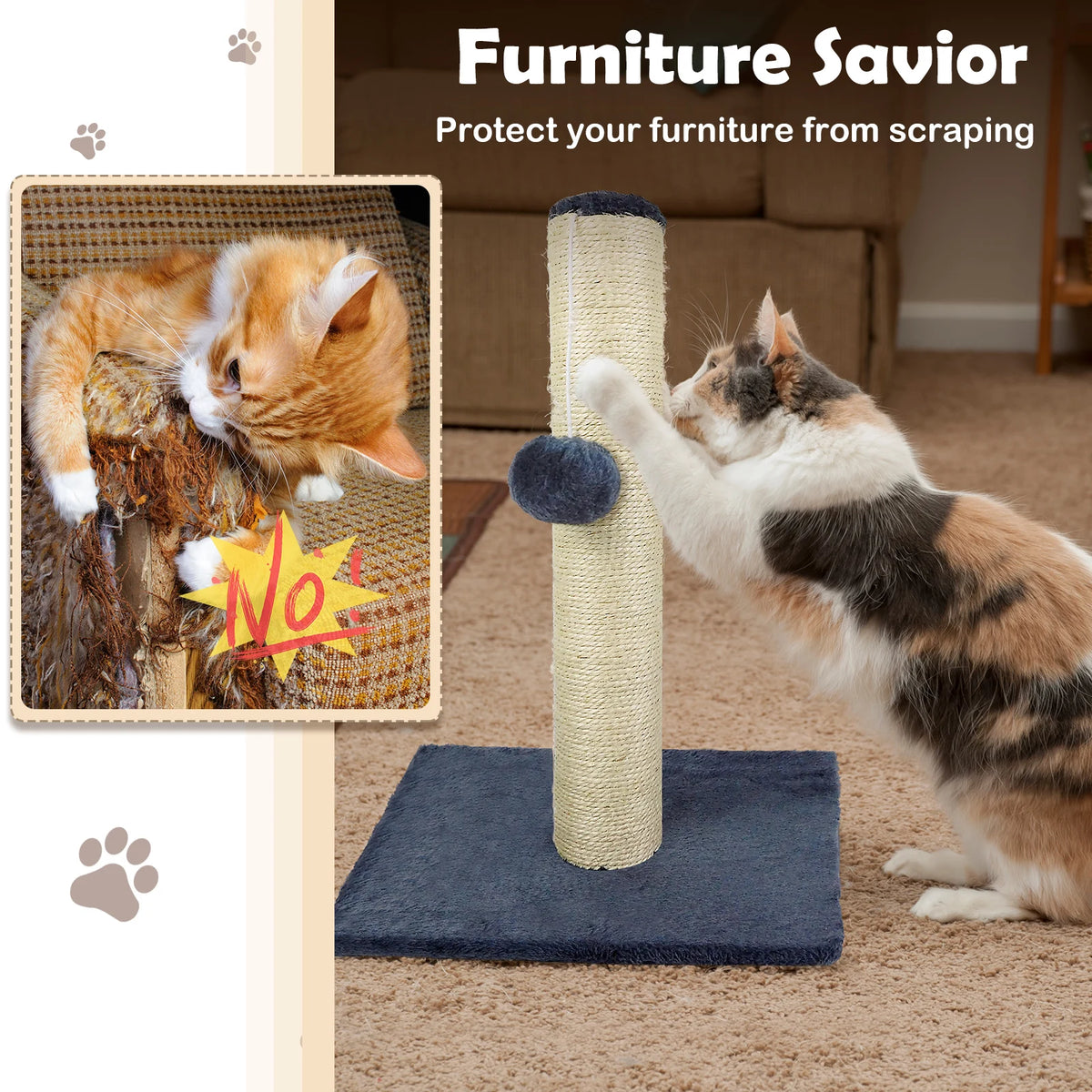 Cat Scratching Post 40cm with Hanging Ball Natural Sisal and Plush Fabric Reinforced Anti Tip Base