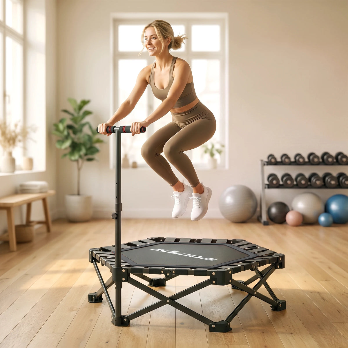 42-Inch Foldable Mini Trampoline with 3-Height Adjustable Handle, Black