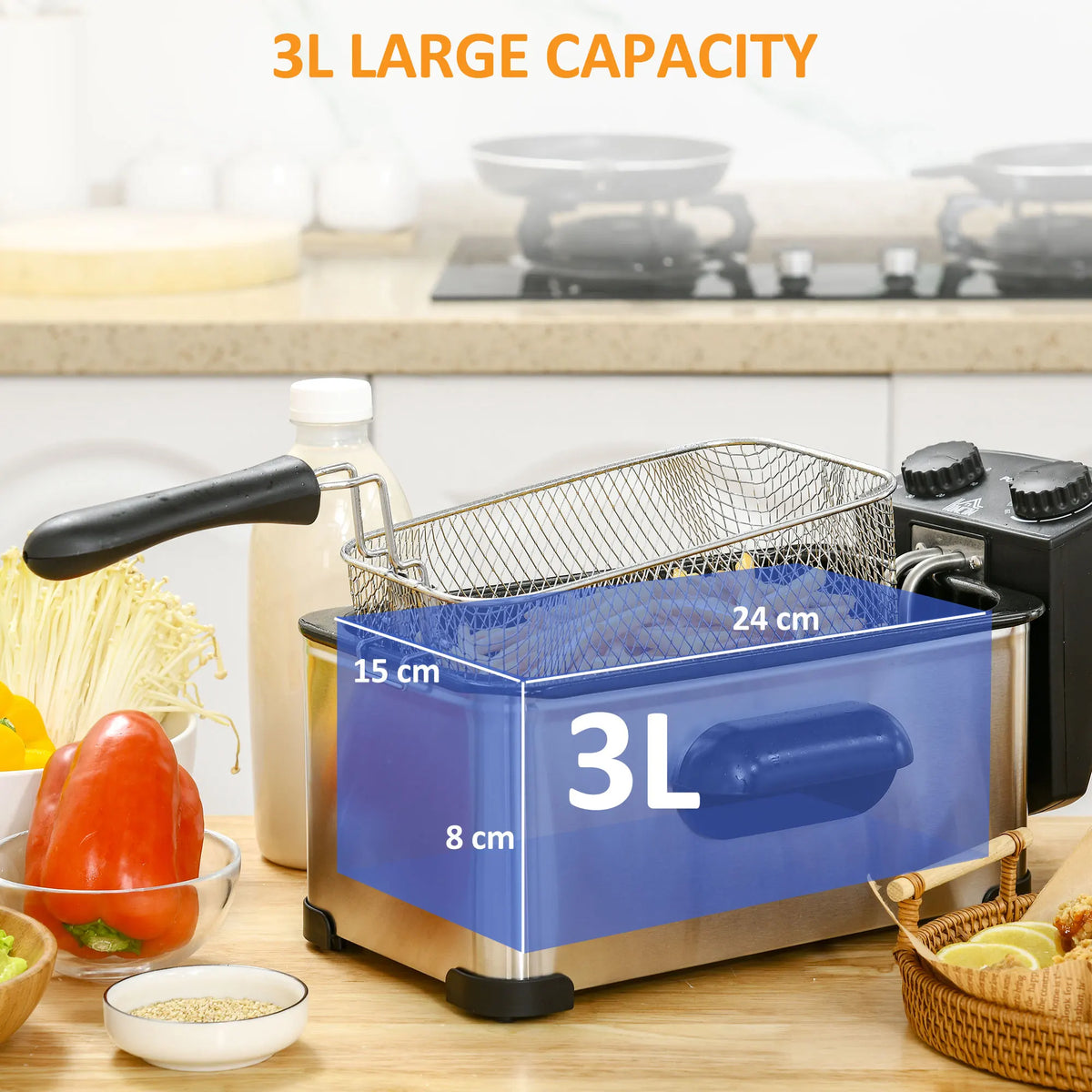 3L Stainless Steel Deep Fat Fryer with Adjustable Temperature and Timer, 2000W