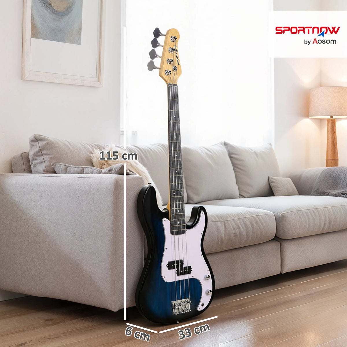 Full Size Electric Bass Guitar Beginner Kit with 15W Amp, Bag and Strap, Blue