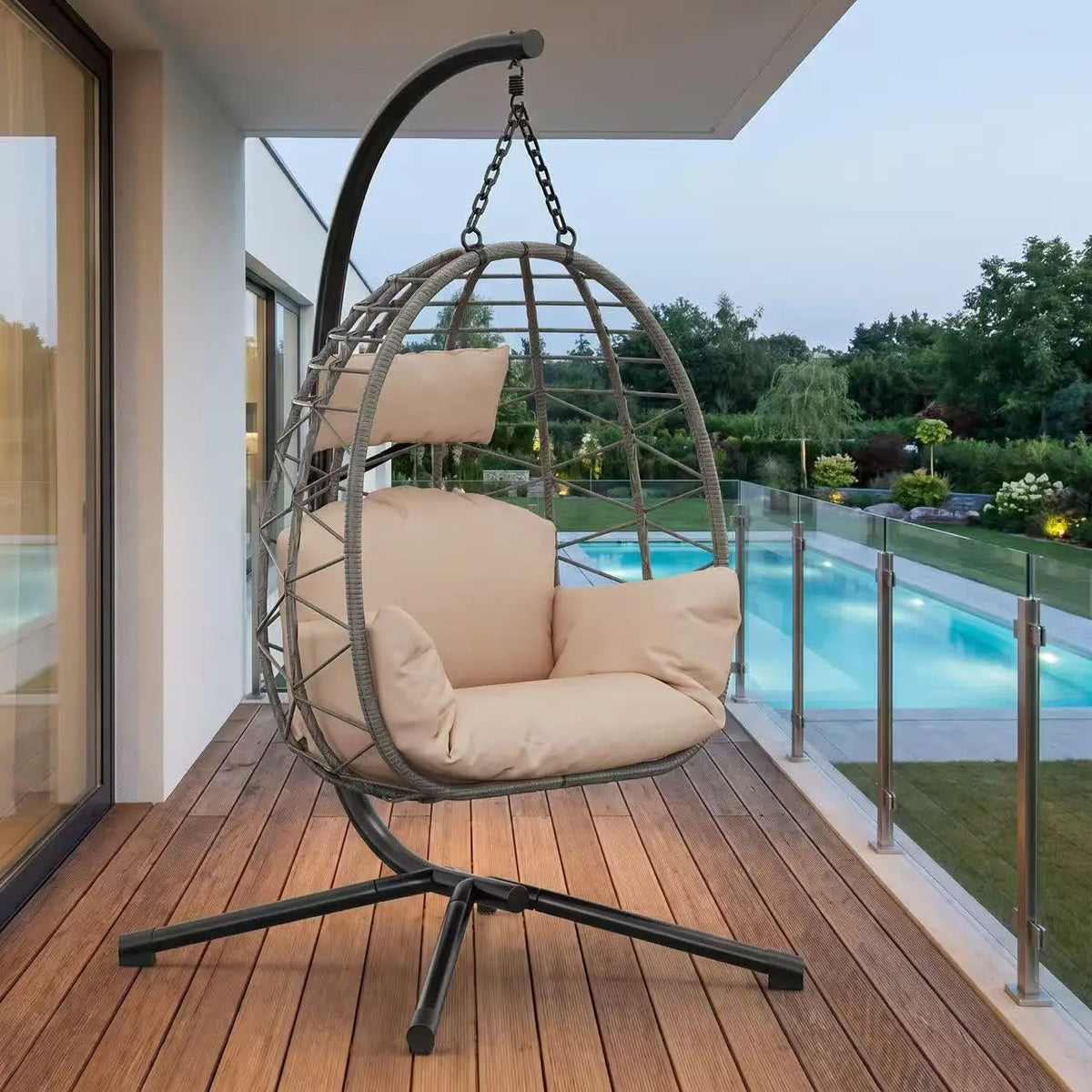 Outdoor Hanging Egg Chair with Stand, Waterproof Cushion & Rain Cover