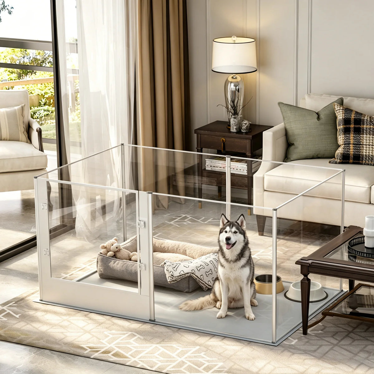 BINGOPAW Large Acrylic Dog Playpen 6 Panel 163x102.5x80cm Fence Whelping Box with Waterproof Mat