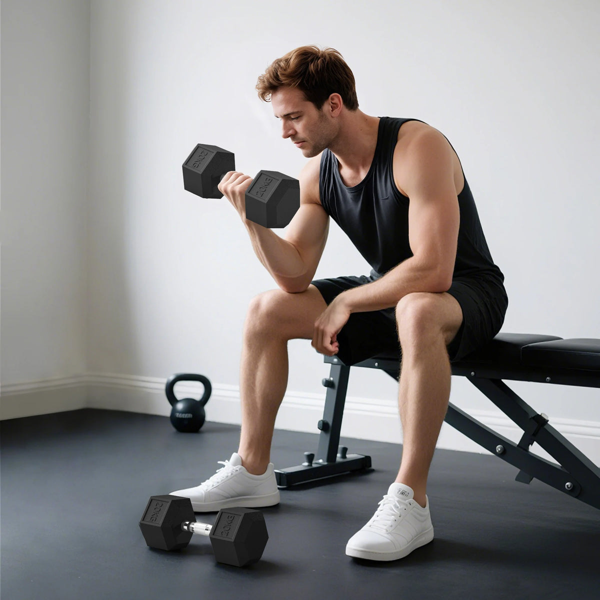 2 x 20kg Rubber Hex Dumbbells, Pair of Hand Weights with Knurled Grip, Black