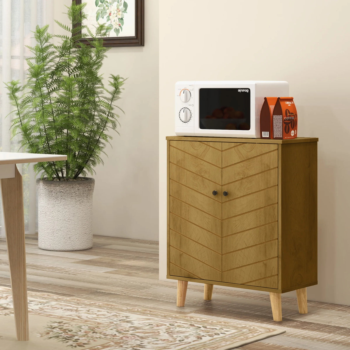 Sideboard Storage Cabinet with Chevron Doors Middle Shelf 4 Wooden Legs MDF Wood Effect Natural