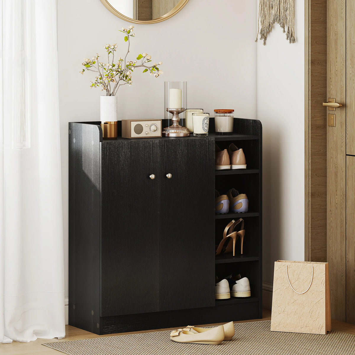 Shoe Storage Cabinet with Footwear Rack and Adjustable Shelves, Black