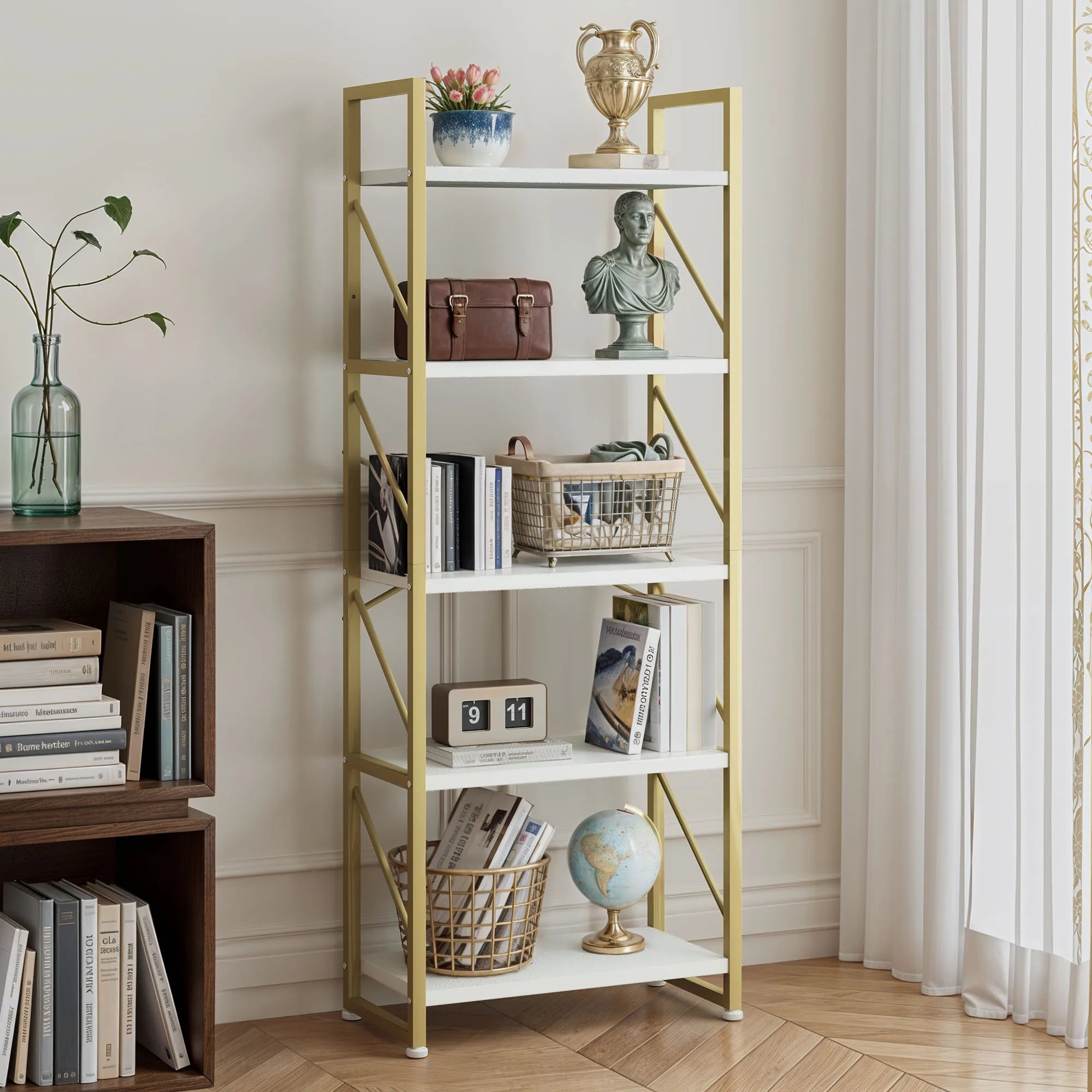 YITAHOME 5-Tier Tall Bookcase, Metal Frame Industrial Bookshelf Display Storage for Living Room Bedroom Office Gold