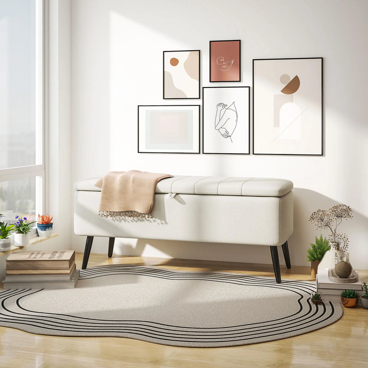 Storage Ottoman Bench with Padded Lid and Steel Legs, 102 x 40 x 44 cm, Cream White