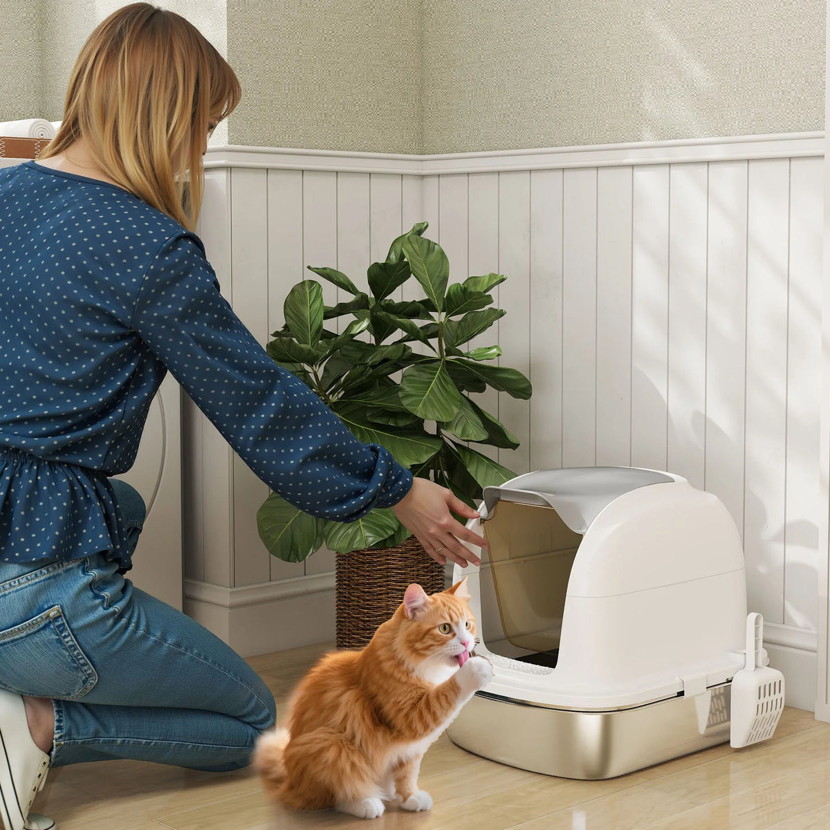 Stainless Steel Cat Litter Tray with Lift-Up Lid, White & Silver