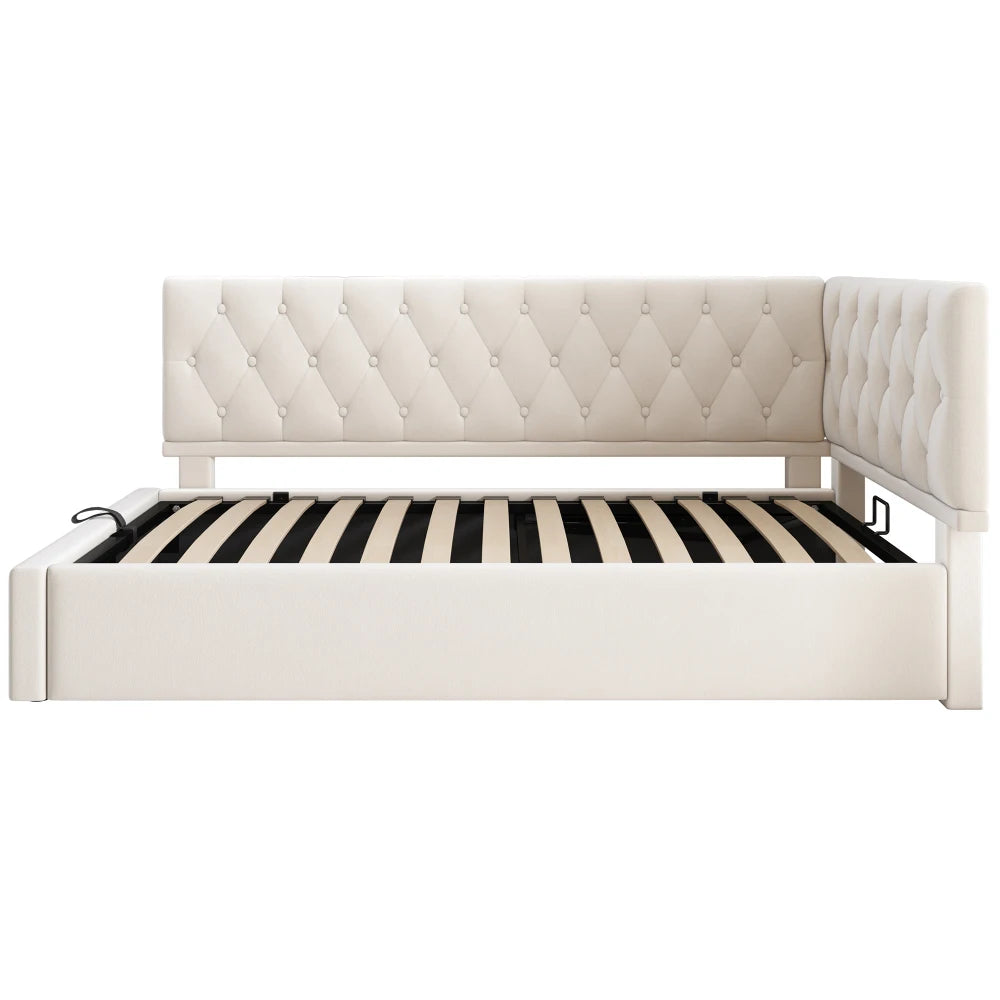 3ft Single Ottoman Daybed with Hydraulic Storage, Velvet Upholstered Sofa Bed, Beige