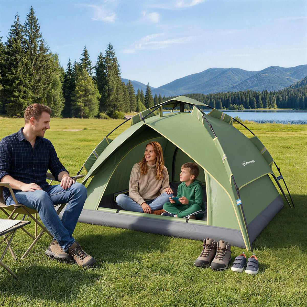 2–3 Person Pop-Up Dome Tent with 2 Doors, Dark Green