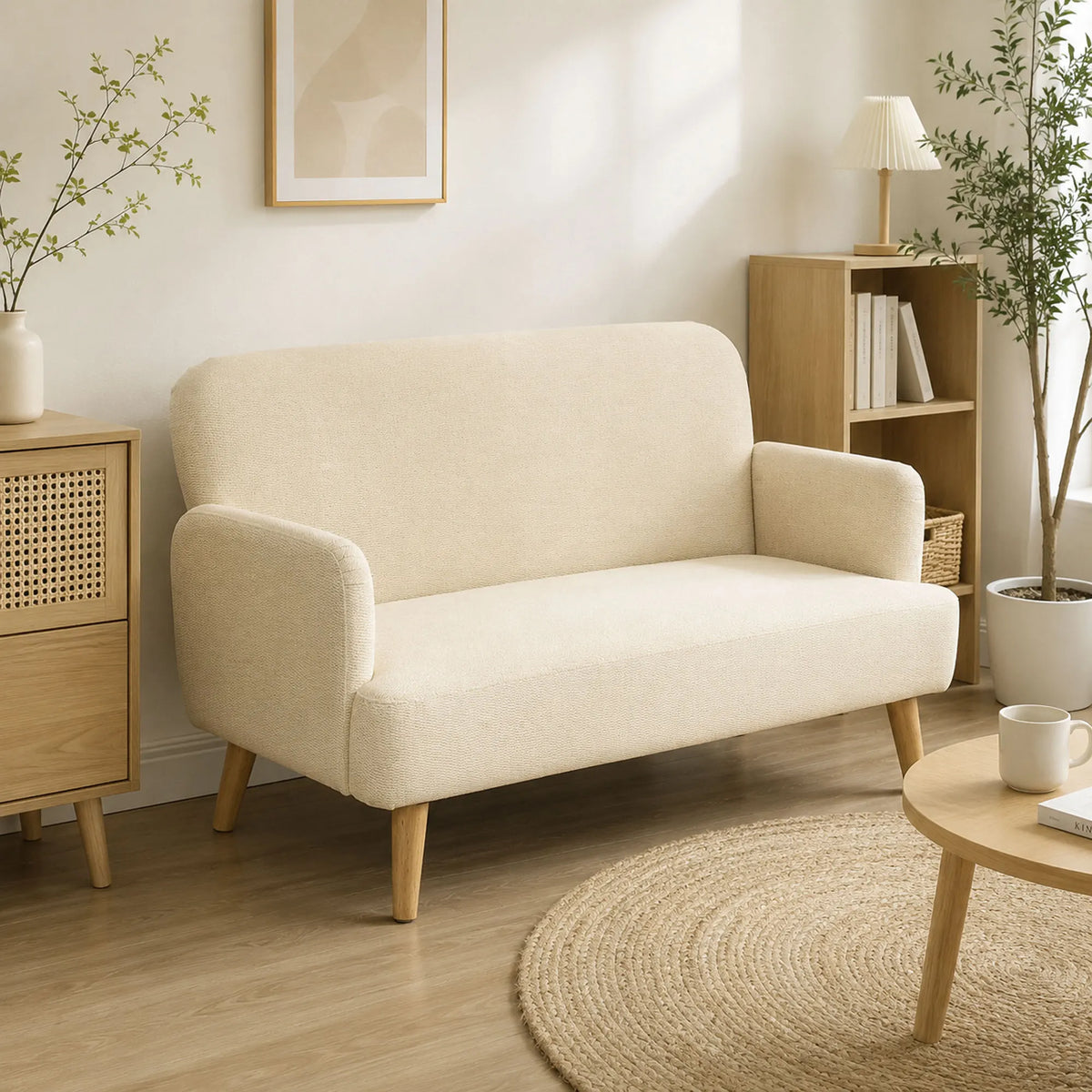 2 Seater Velvet-Touch Sofa with 21cm Padded Seat and Wood Legs, Cream White