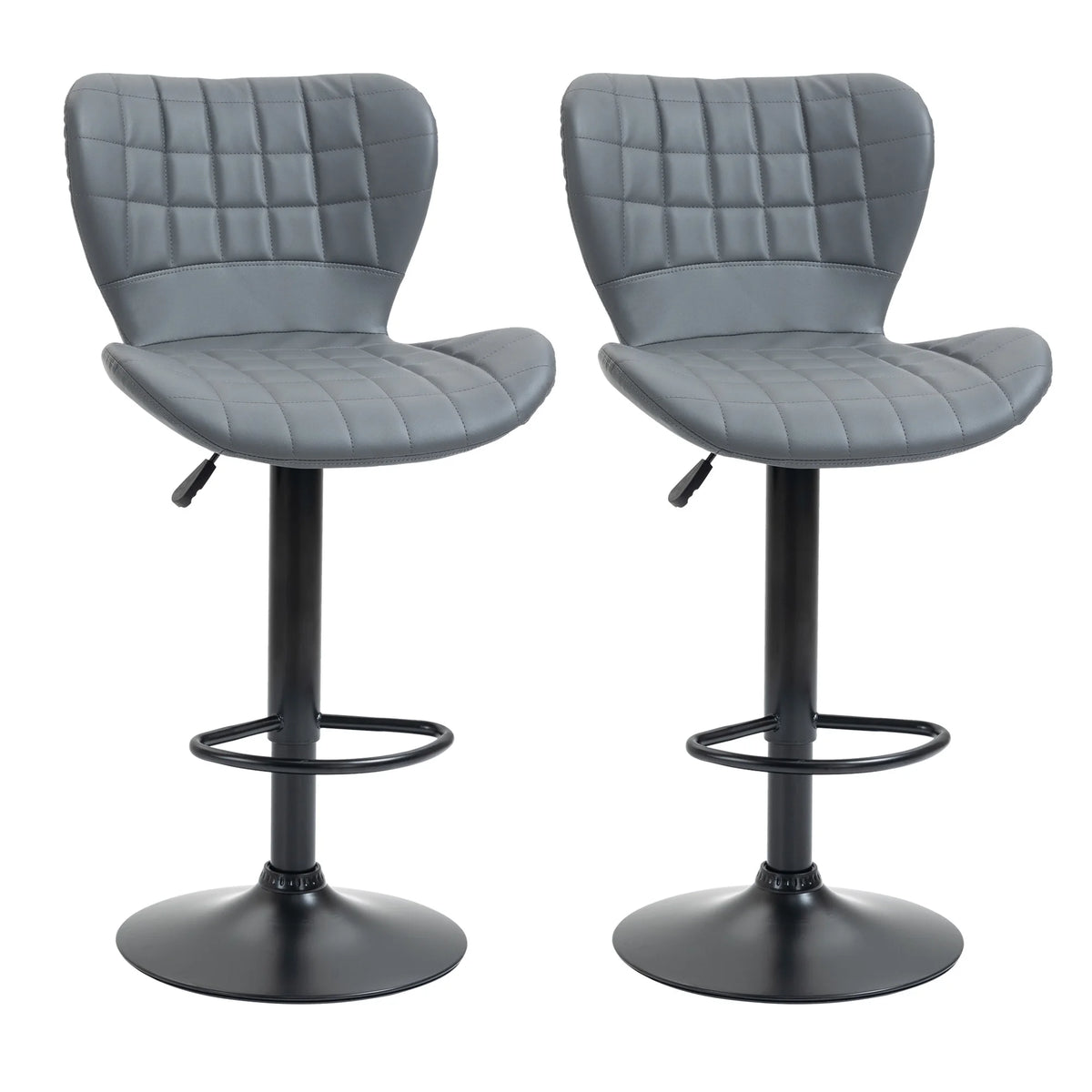 Set of 2 Bar Stools Height Adjustable Swivel PU Leather with High Backs Sponge Padding Round Base Grey