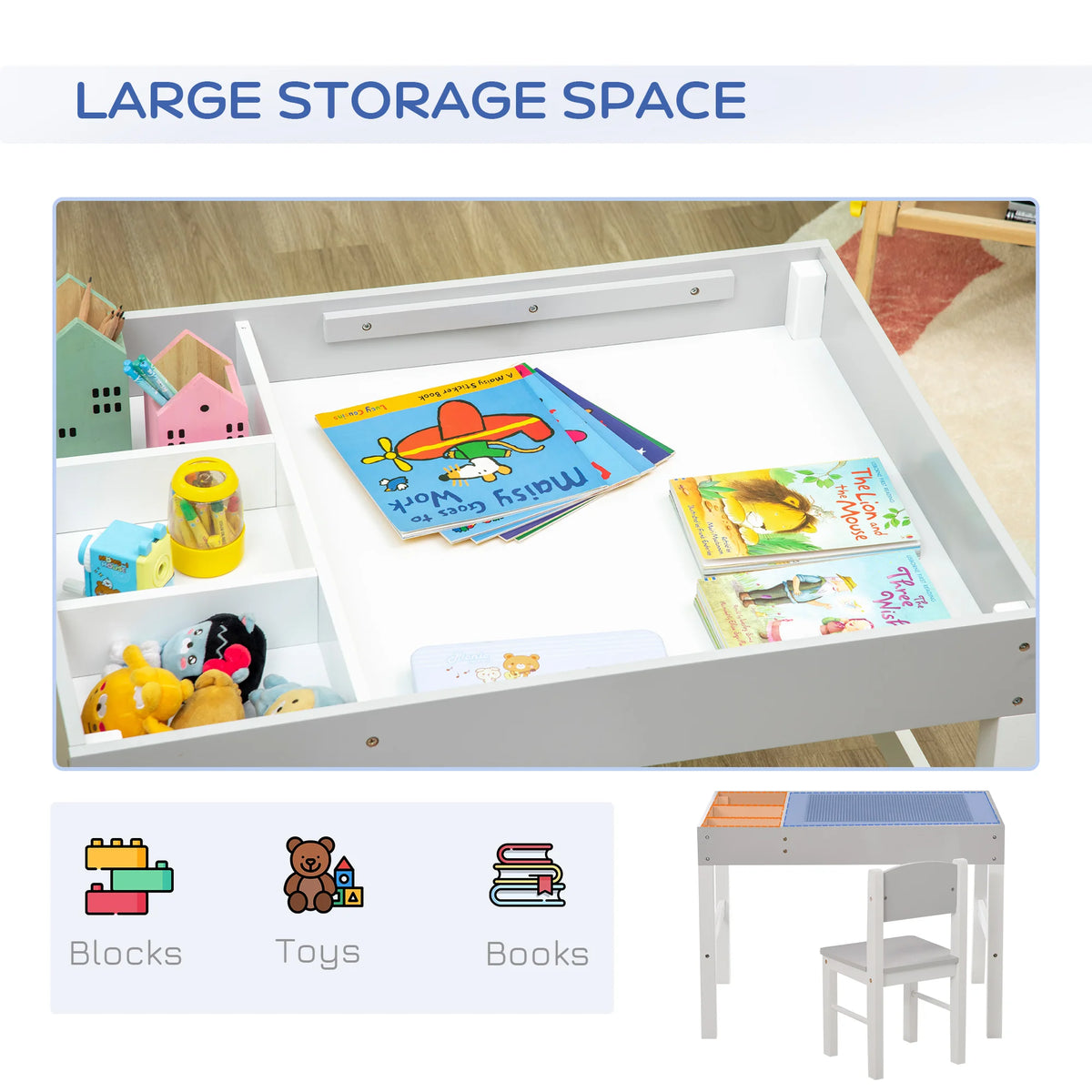 2 in 1 Kids Activity Table and Chair Set for Bricks with Storage MDF and Pinewood Ages 1.5-4 Grey