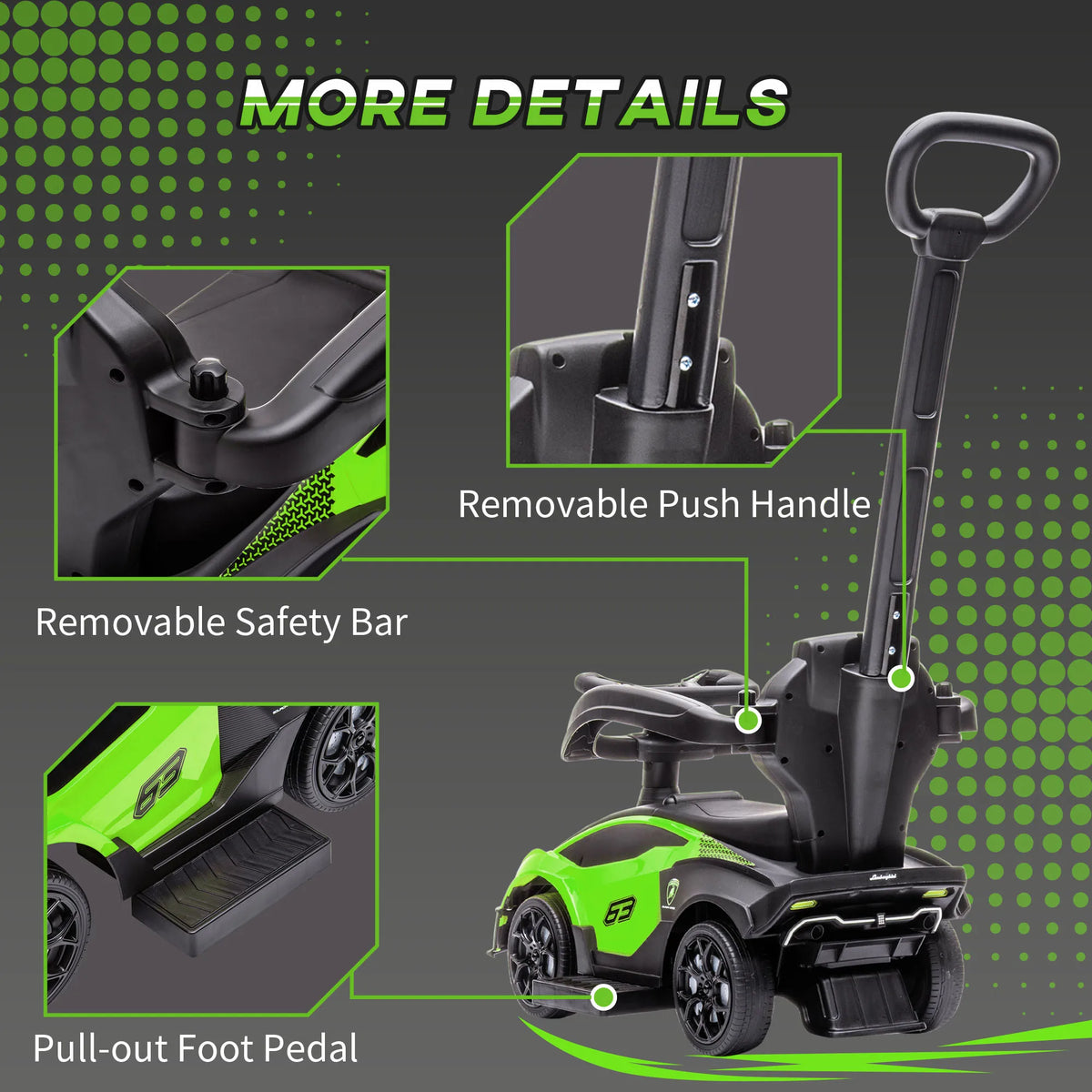 Lamborghini Licensed 2 in 1 Kids Ride On Push Car 86.5x40x89.5cm with Handle Guardrails and Storage