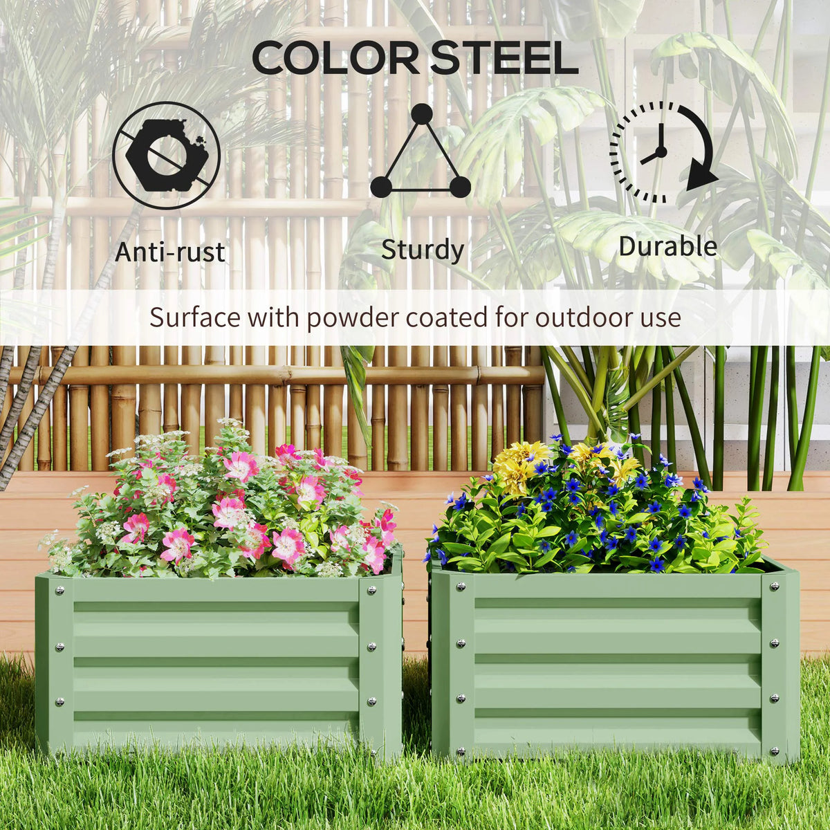 Set of 2 Raised Garden Planters, Galvanised Steel Frame for Growing Vegetables, Flowers and Herbs
