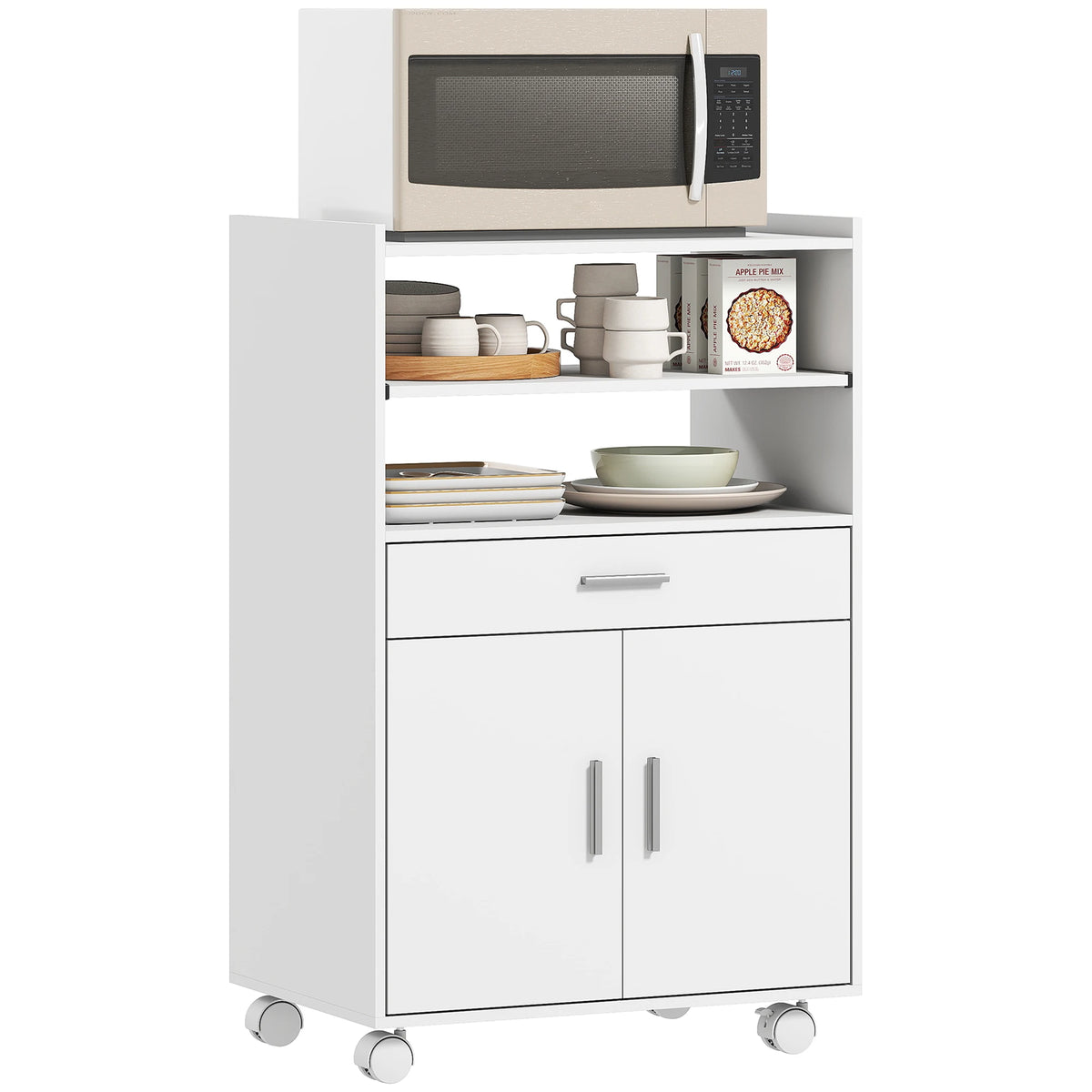 Kitchen Trolley Microwave Stand on Wheels with Slide-Out Shelf, Drawer and Cupboard, White