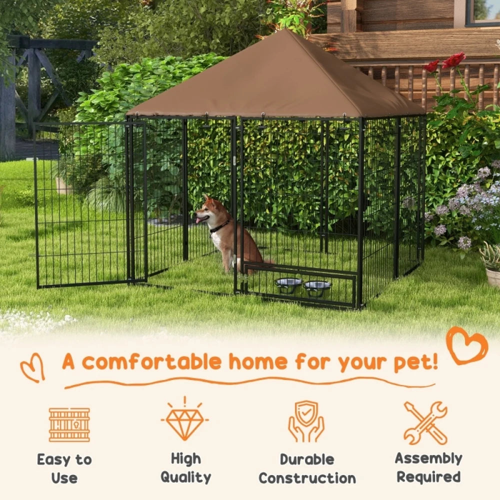 PINGGO Outdoor Dog Kennel 141x141x151cm Puppy Playpen with Canopy Rotating Bowl Garden Fence Enclosure Brown