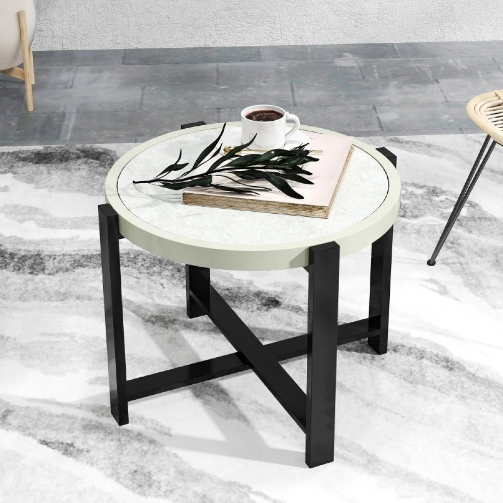 60cm Round Garden Side Table with Faux Marble Glass Top