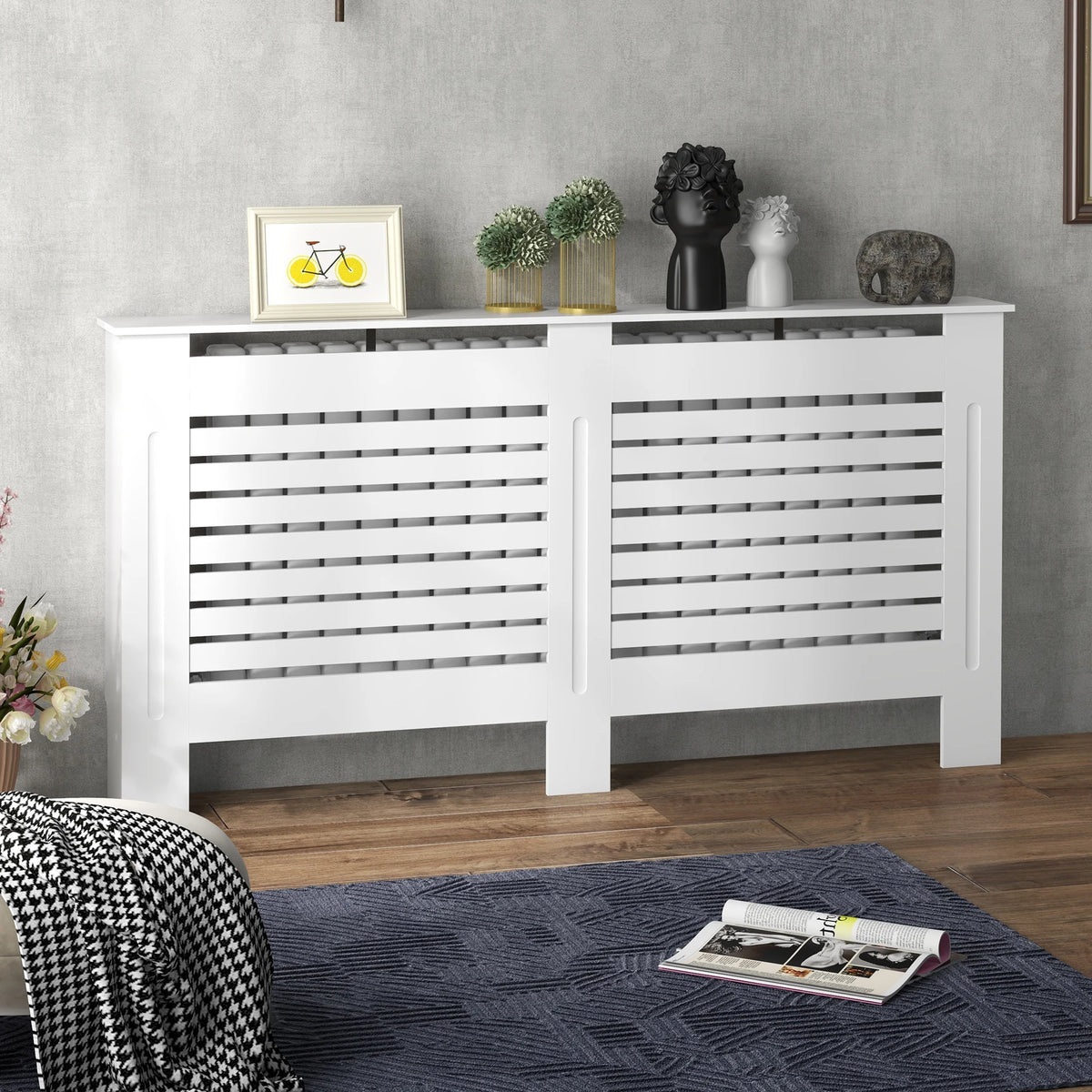 Radiator Cover with Horizontal Slats and Display Shelf, 152 x 19 x 81cm, White