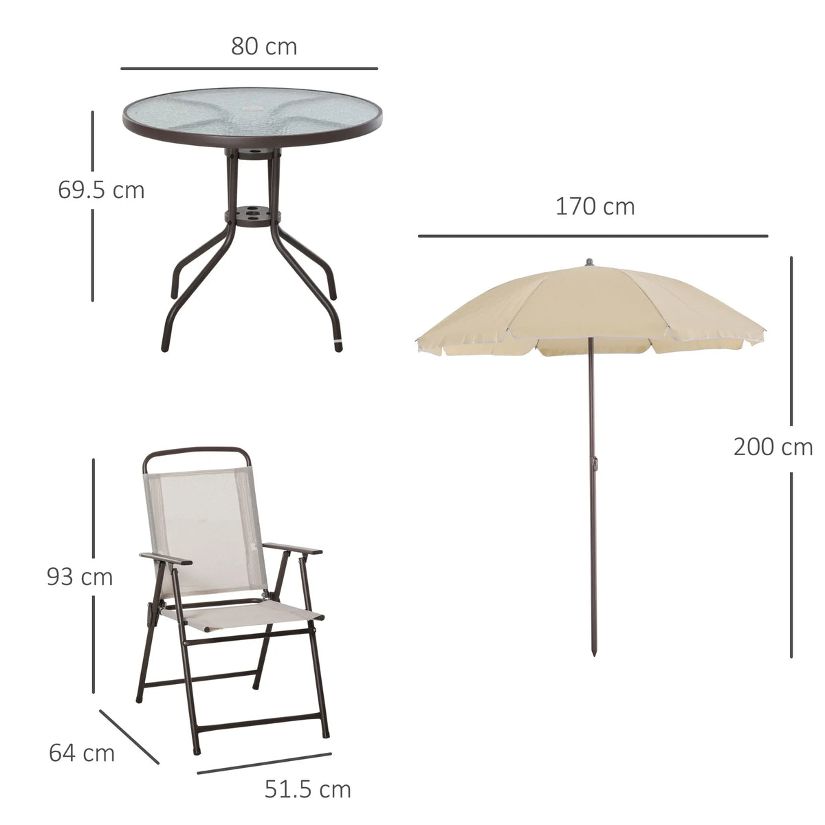 6 Piece Garden Dining Set with Parasol, Patio Table and 4 Chairs, Tempered Glass Top