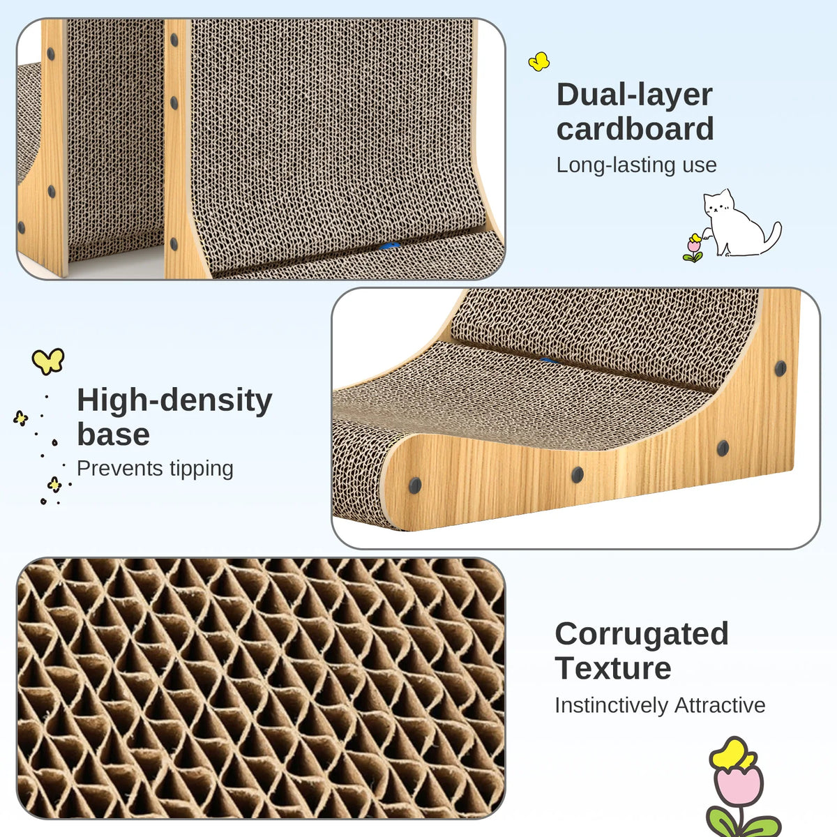 L Shaped Corner Cat Scratching Pad 68cm Solid Wood Frame Corrugated Board with Integrated Toy Ball