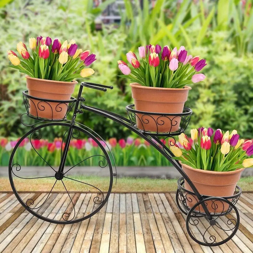 3 Tier Bicycle Shaped Iron Plant Stand 79.5x52cm 28kg Capacity Black for Living Room Garden Patio Balcony