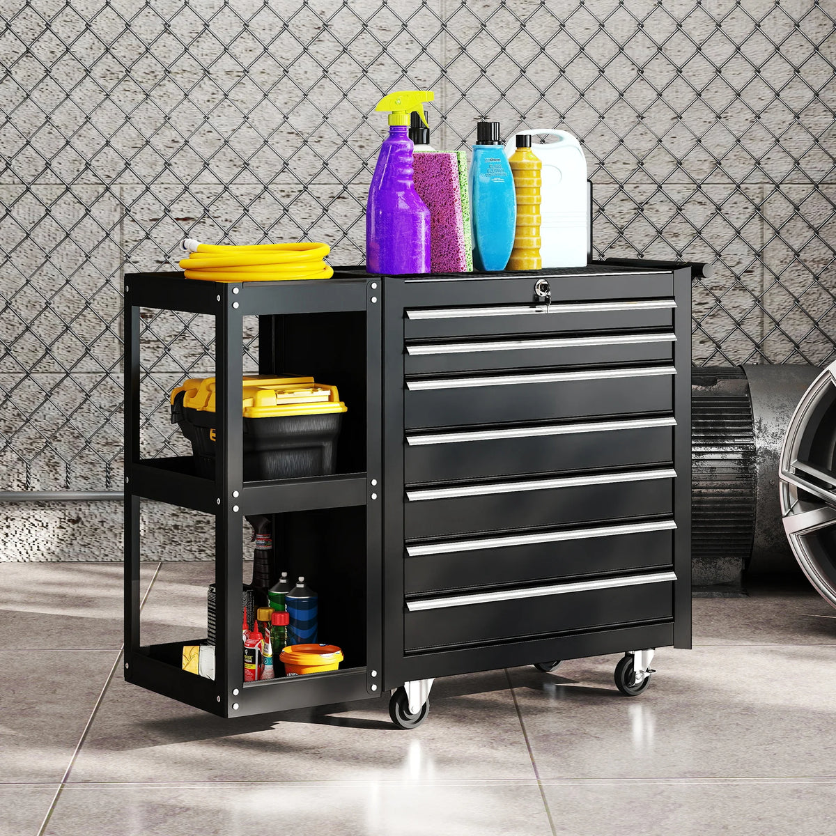 7-Drawer Lockable Steel Tool Chest on Wheels with Side Shelf, Black
