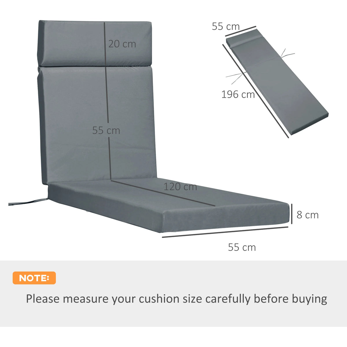 Set of 2 Deep Seat Patio Lounger Cushions with Ties, Dark Grey