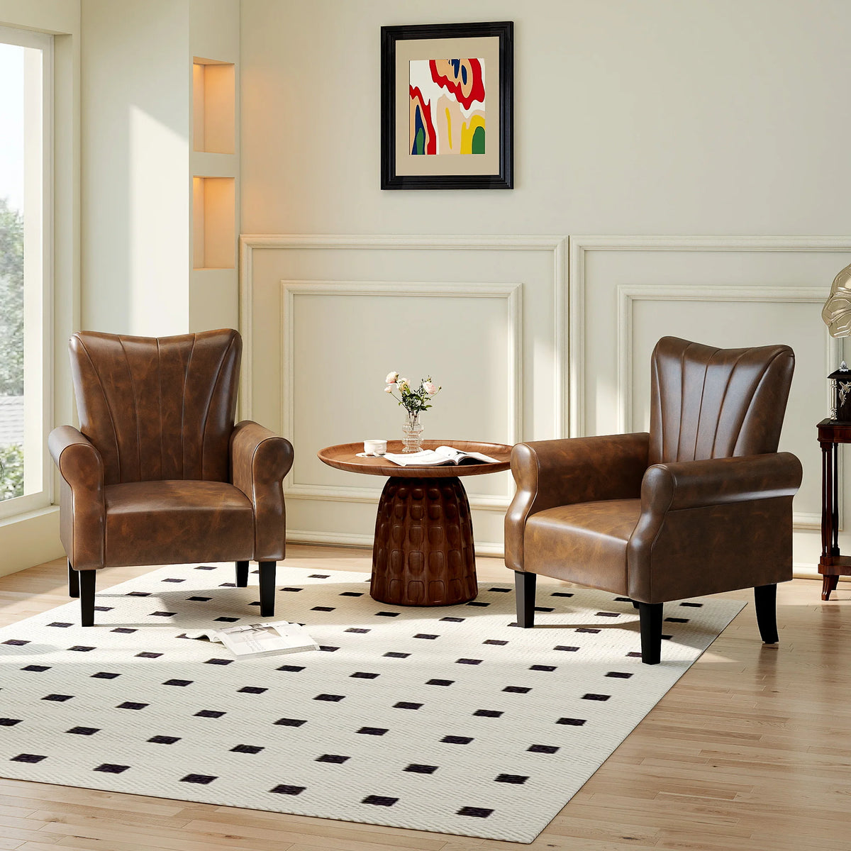 Accent Armchair with 25cm Thick Padded Seat Wingback PU Leather Rubber Wood Legs Curved Arms Brown