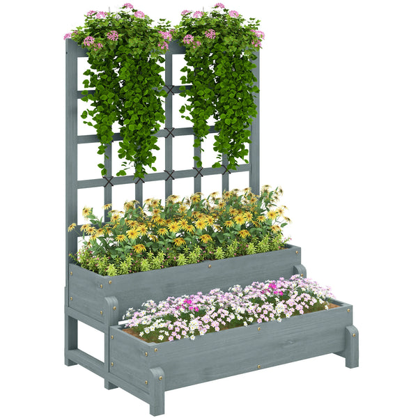 2-Tier Wooden Raised Flower Bed with Trellis and Drainage Holes, Grey