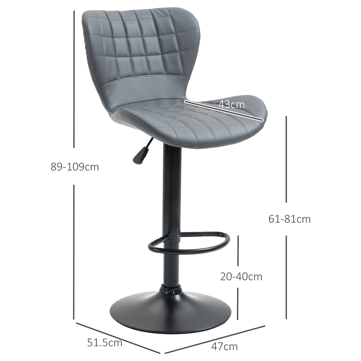 Set of 2 Bar Stools Height Adjustable Swivel PU Leather with High Backs Sponge Padding Round Base Grey