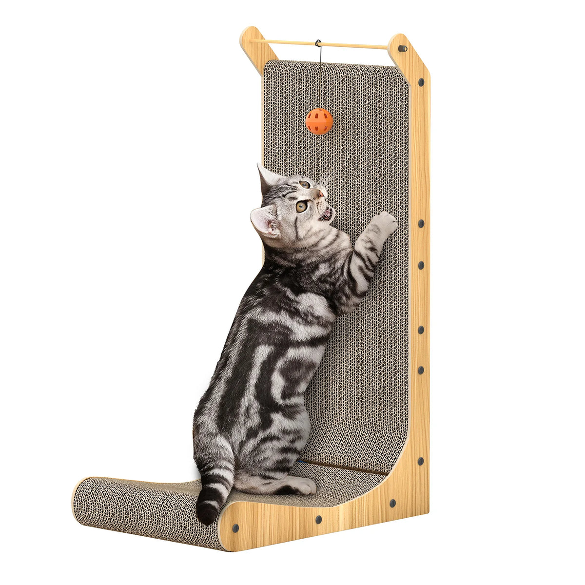 L Shaped Corner Cat Scratching Pad 68cm Solid Wood Frame Corrugated Board with Integrated Toy Ball