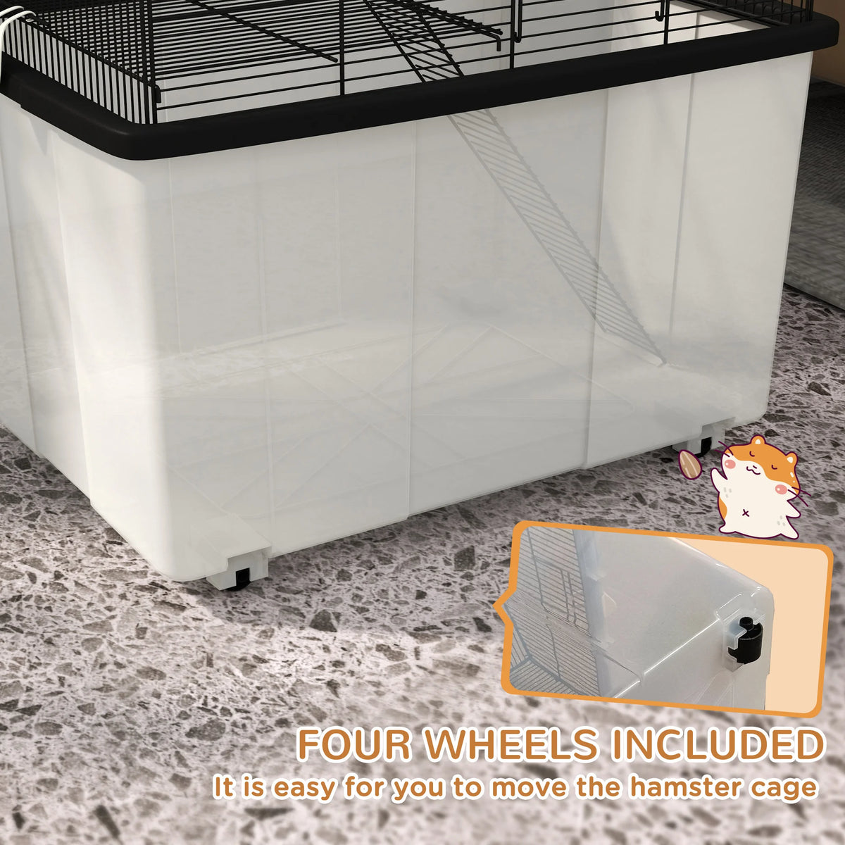 Hamster Cage, Gerbil Cage with Wheels, Deep Bottom, Ramp, Food Dish, Water Bottle, for Dwarf, Syrian - Black