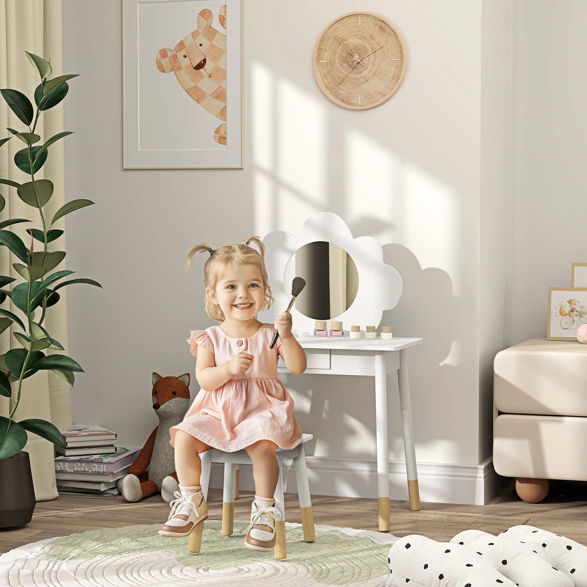 Kids Dressing Table and Stool Set with Cloud Mirror and Drawer, Ages 3–6, White