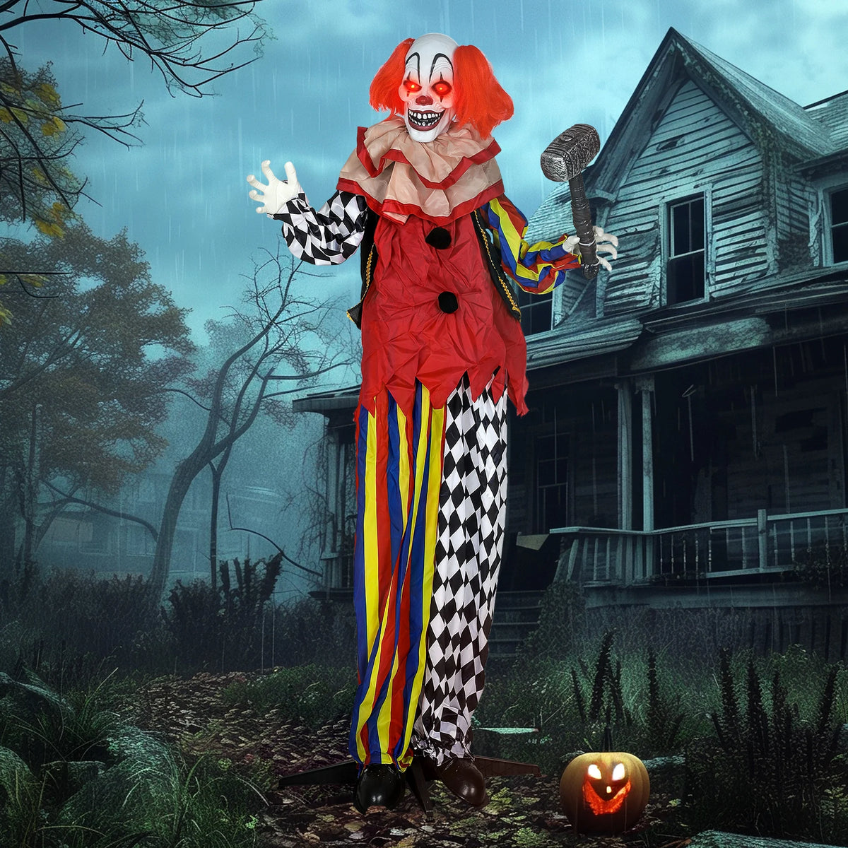 Halloween clown prop shown in a hallway display