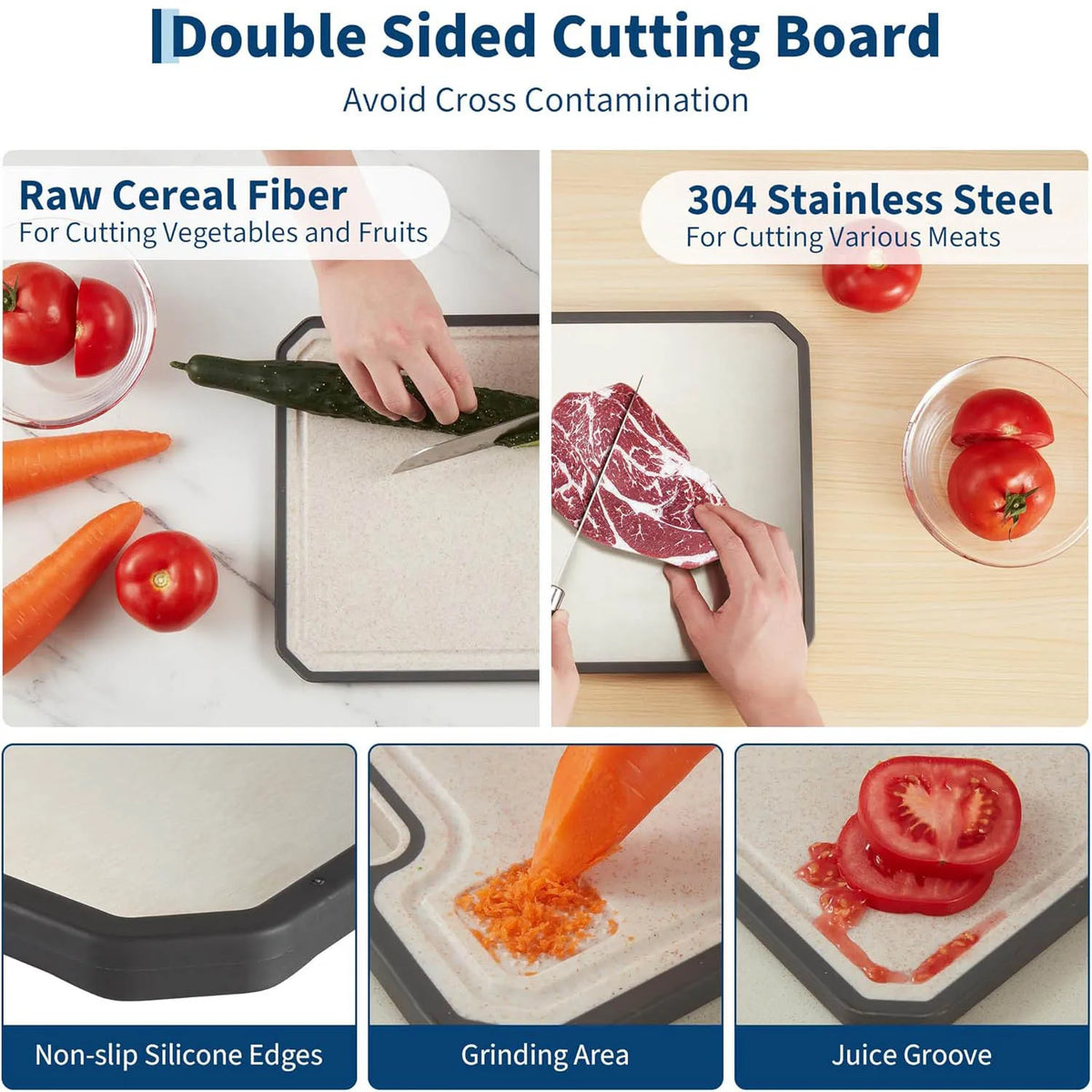 Titanium Double-Sided Cutting Board with Juice Grooves and Built-In Handles | 25x38cm Kitchen Chopping Board