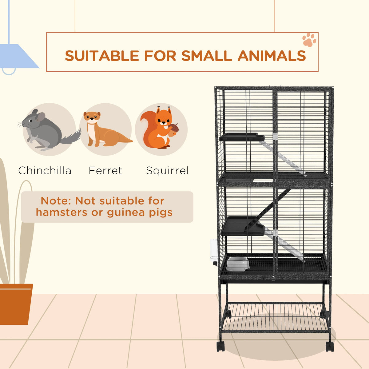 Ferret Cage 136cm 4 Tier Rolling Small Animal Cage with 3 Doors Ramps Water Bottle and Shelf Grey