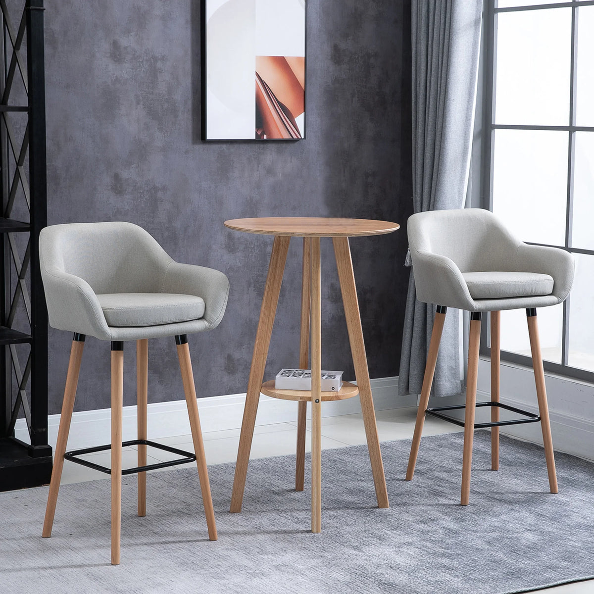 2 PCs Upholstered Bucket Seat Bar Stools w/ Solid Wood Legs Beige