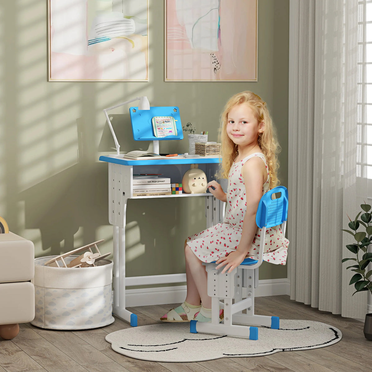 Kids Height Adjustable Desk and Chair Set with Drawer and Book Stand, Blue