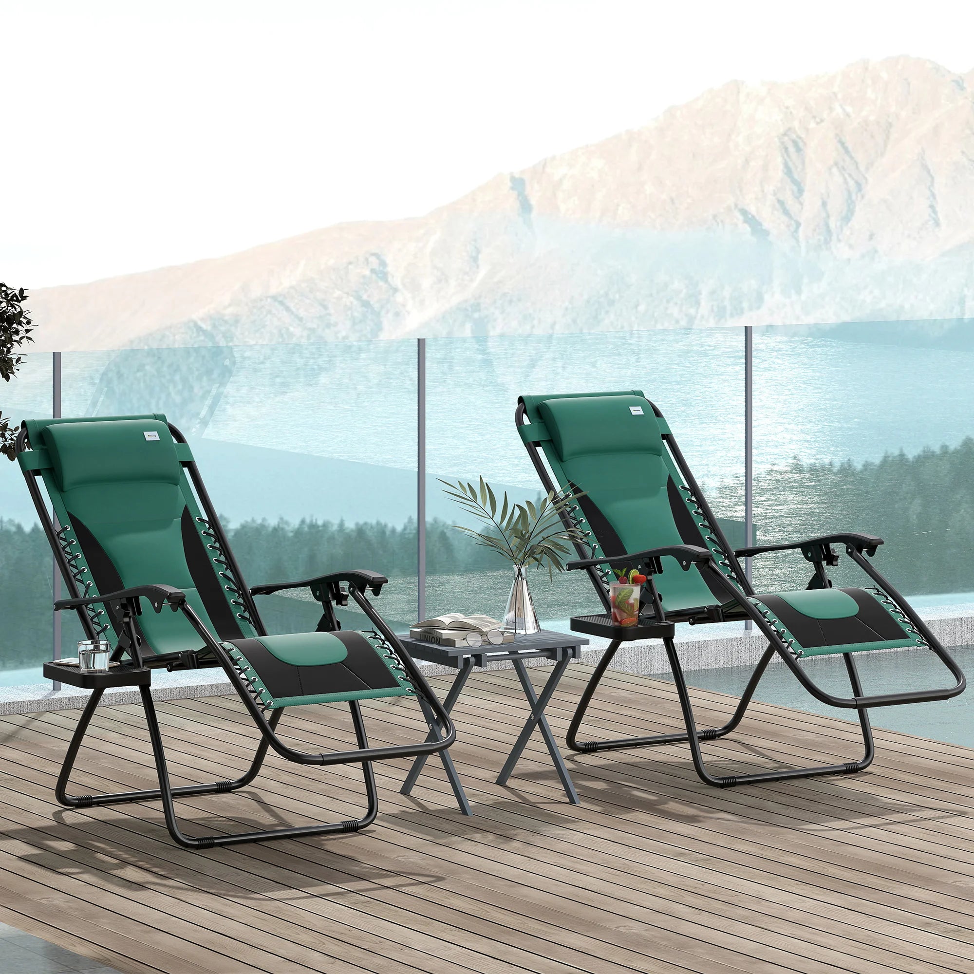 Set of 2 Zero Gravity Folding Recliner Chairs with Cup Holder Tray and Removable Headrest Cushion