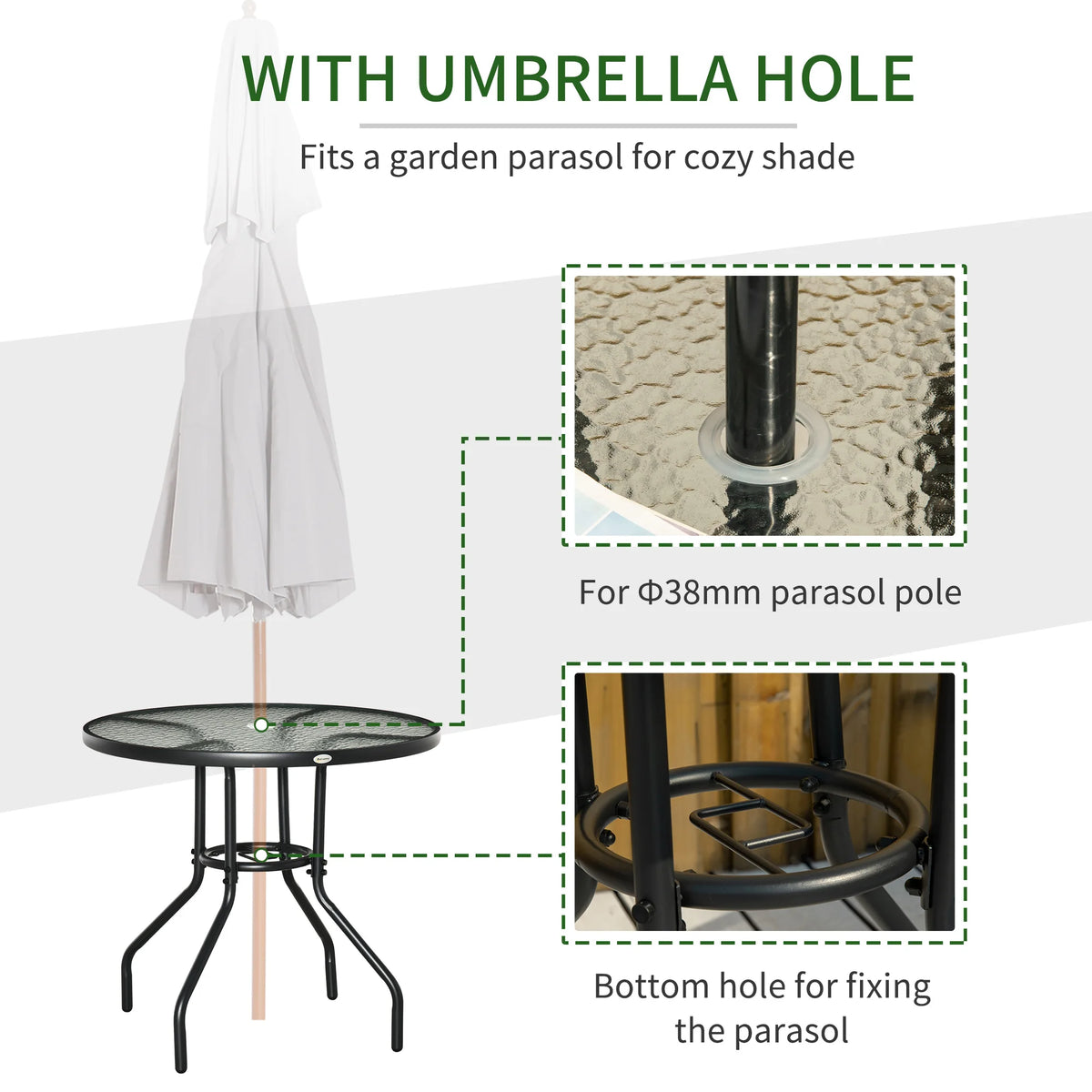 Outdoor Round Dining Table, Tempered Glass Top with Parasol Hole, 80cm