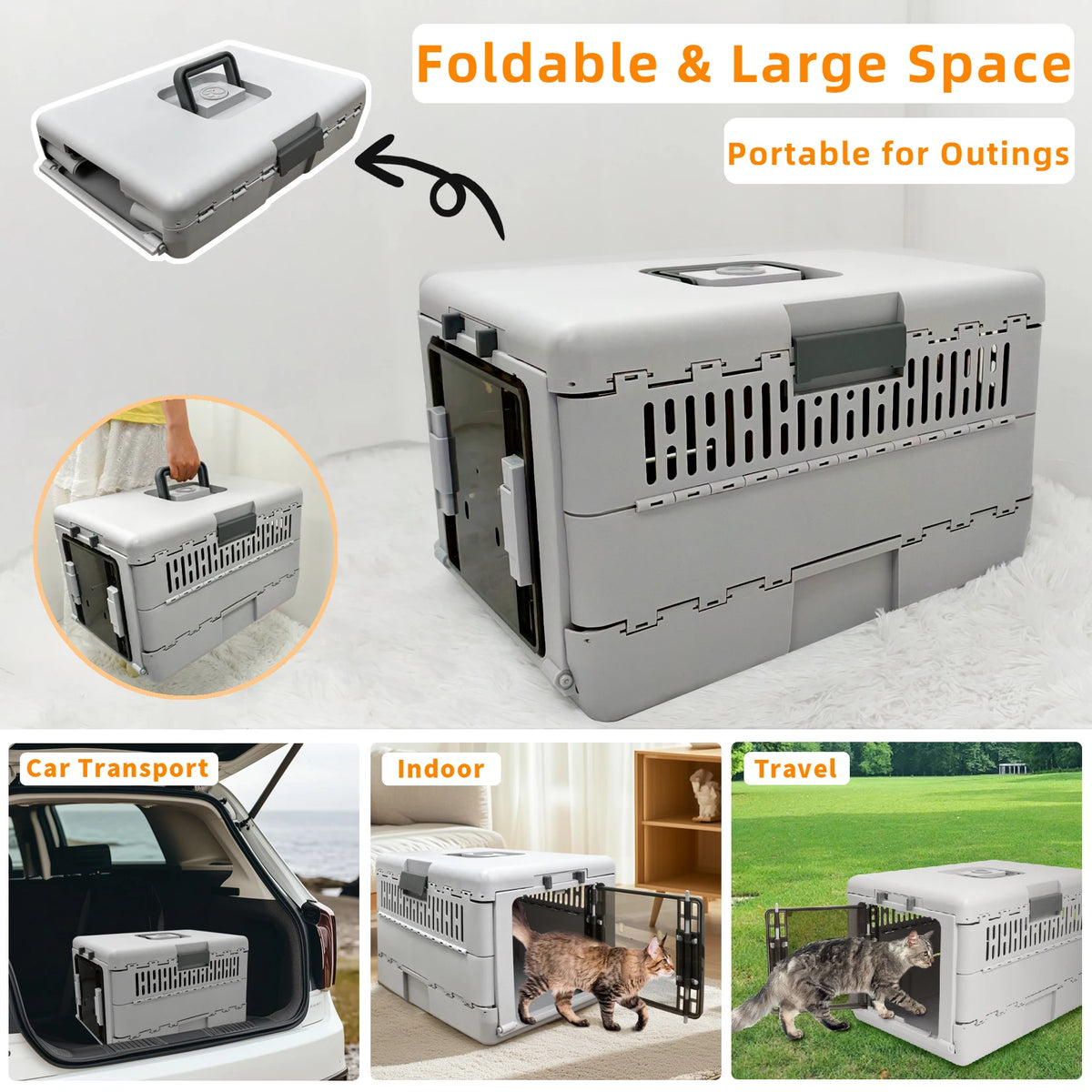 Foldable Hard Pet Carrier Box Lockable Travel Crate for Cats and Small Dogs 48x32x31.5cm Grey