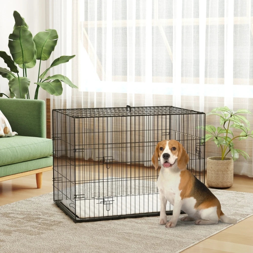 PINGGO Foldable Dog Crate 91x62x68cm 2 Doors with Tray Soft Cushion for Medium Large Dogs Black