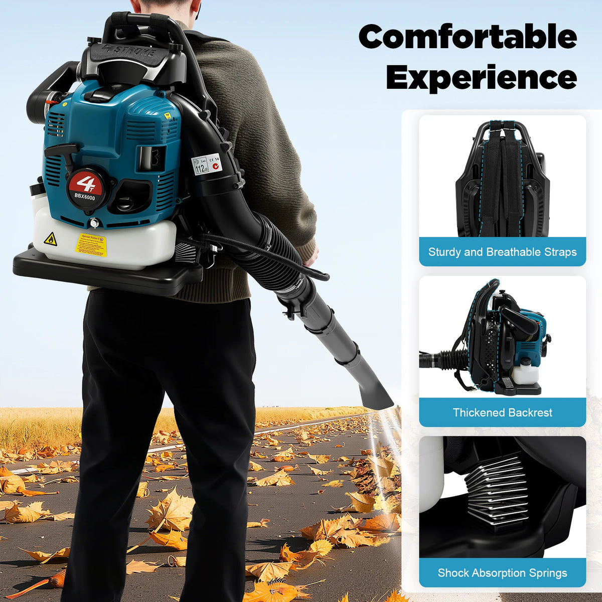 75.6cc 4-Stroke Petrol Backpack Leaf Blower, 2.6kW with 1.9L Tank