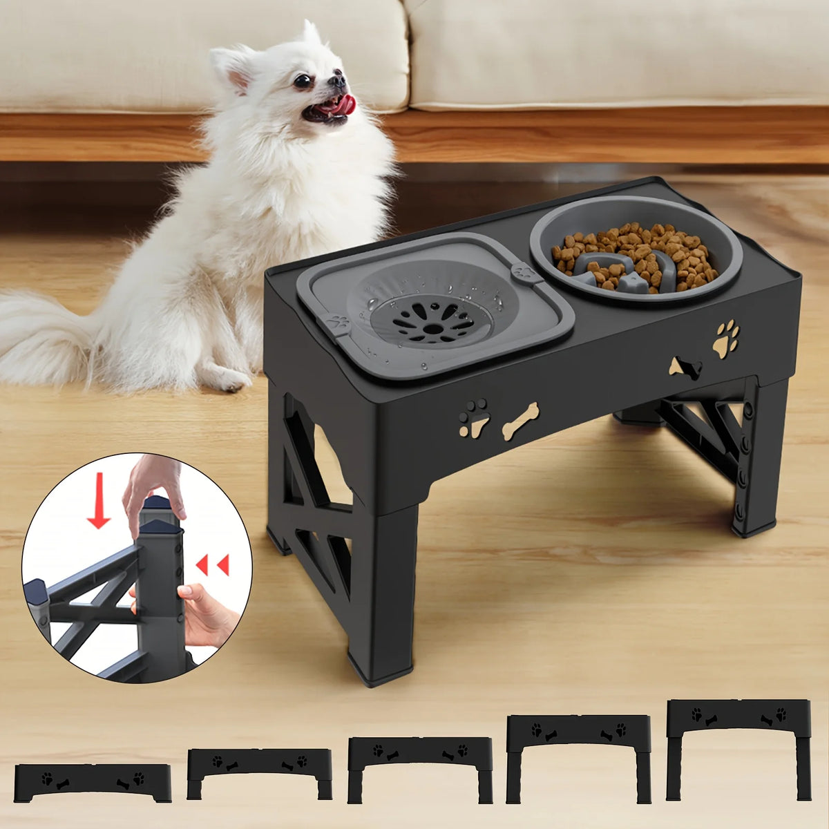 Adjustable Raised Pet Bowl Foldable Dog Cat Feeder with Stainless Steel Bowls