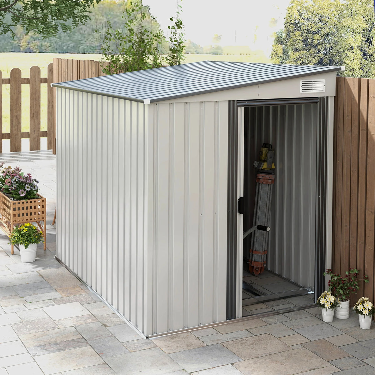 7 X 5ft Lean to Metal Garden Shed with Foundation Sliding Doors 2 Vents White